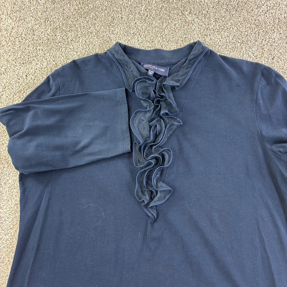 Jones New York Womens Navy Blue Ruffle Collar‎ Top Size XL Boho Office Femine